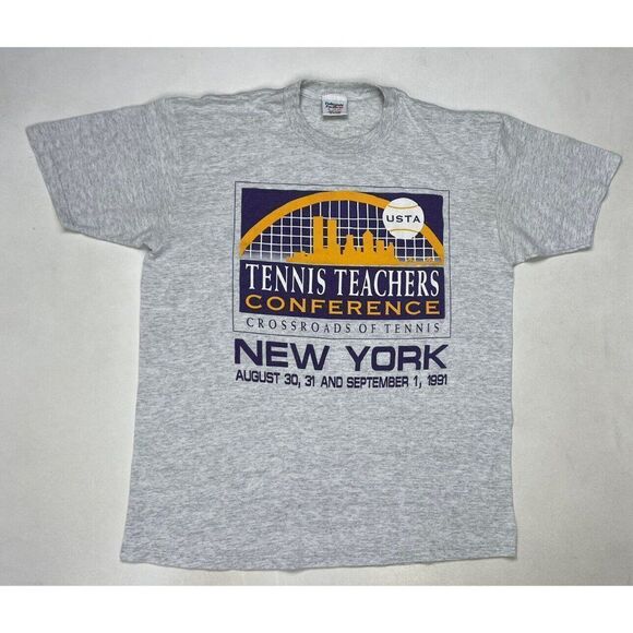 VINTAGE Tennis Conference New York 1991 Graphic T-shirt Men XL Gray NYC 90s - Picture 1 of 5